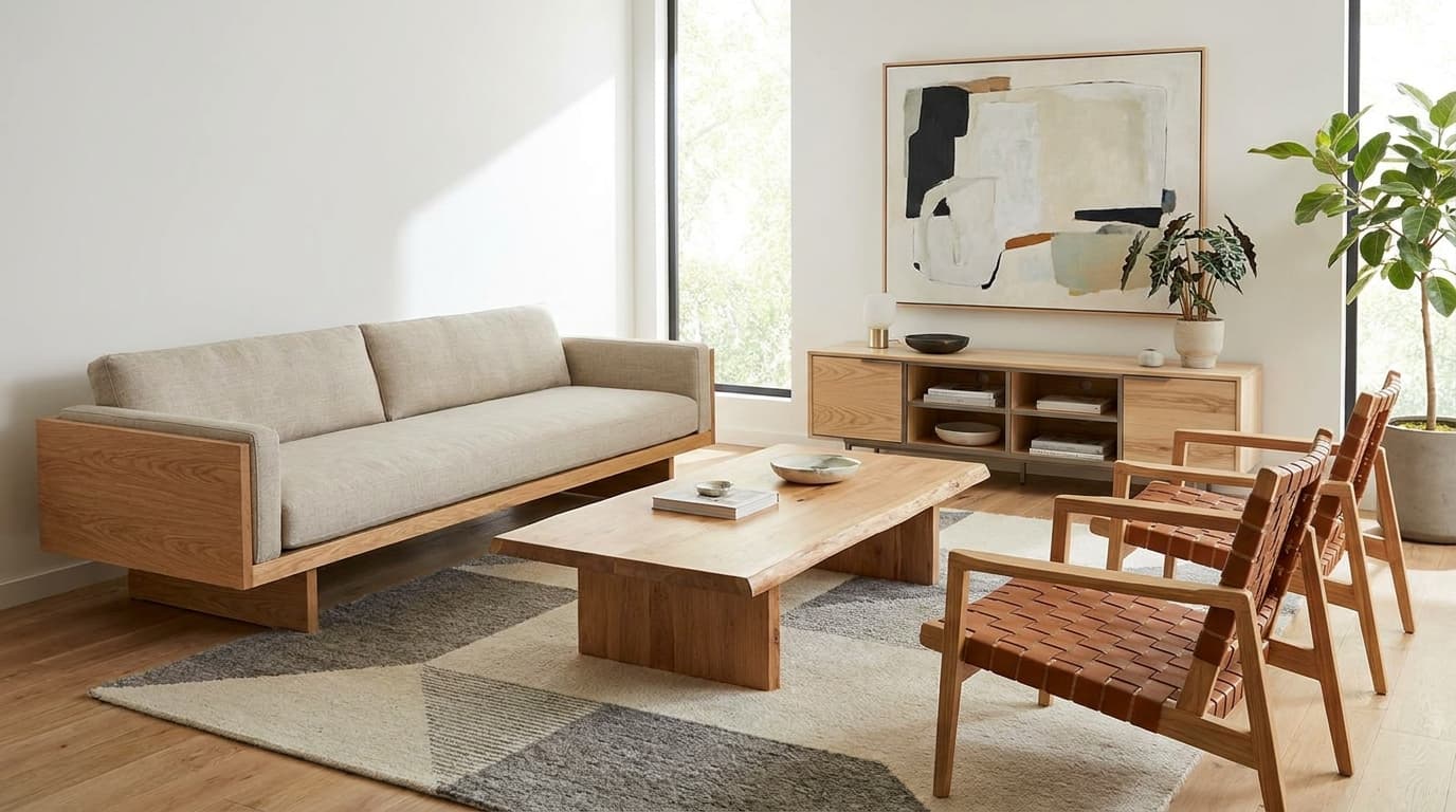 mueble de salón moderno de líneas rectas y acabado natural