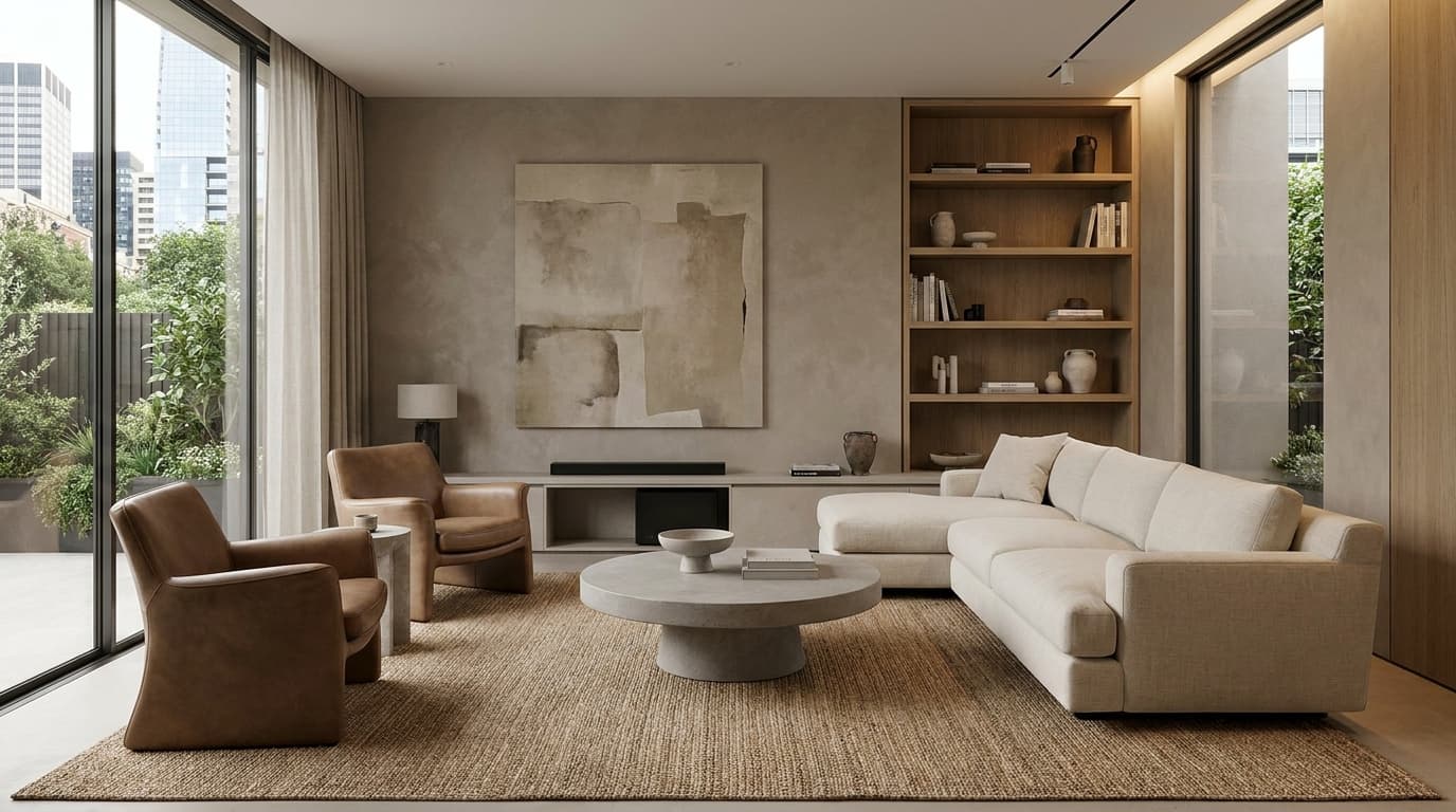 salón decorado en estilo moderno con paredes en tonos neutros