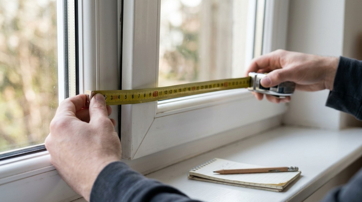 Manos midiendo con un metro el ancho de una ventana de PVC oscilobatiente antes de pedir el estor