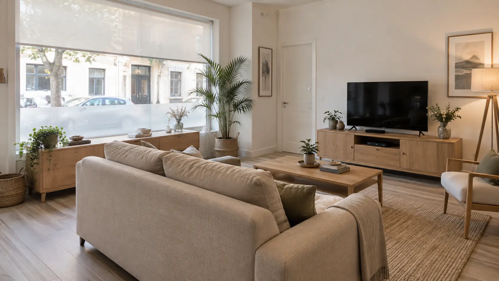 Salón con los muebles orientados para evitar la visión directa desde la calle