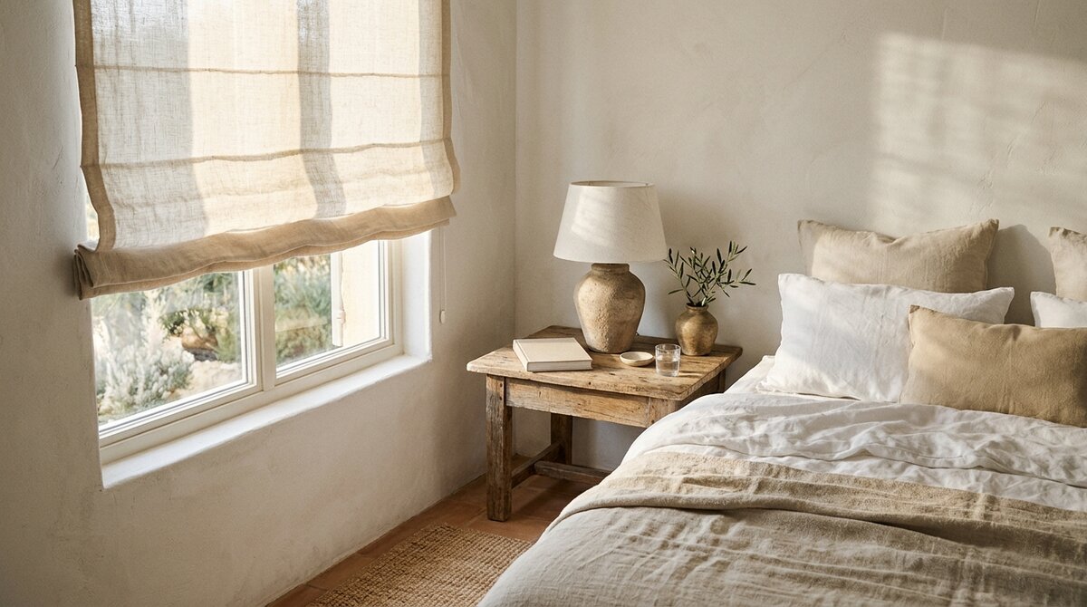 Dormitorio con estor paqueto de lino natural parcialmente recogido y luz de mañana