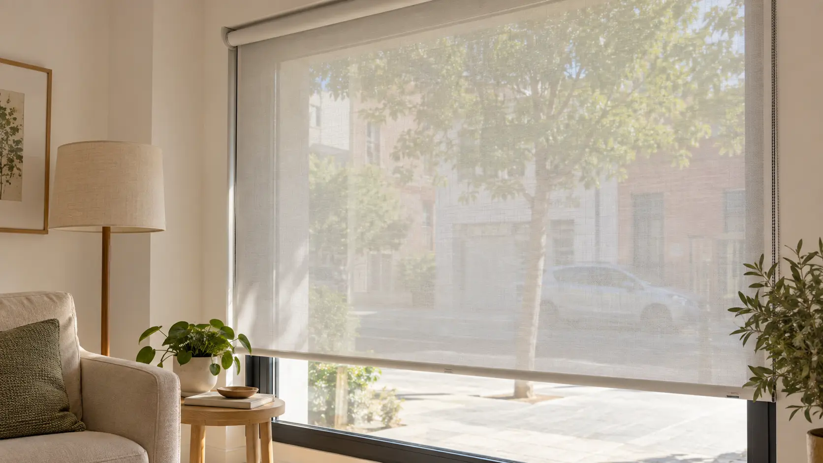 Estores screen de baja apertura en una ventana de piso bajo que filtran la luz y protegen de las miradas