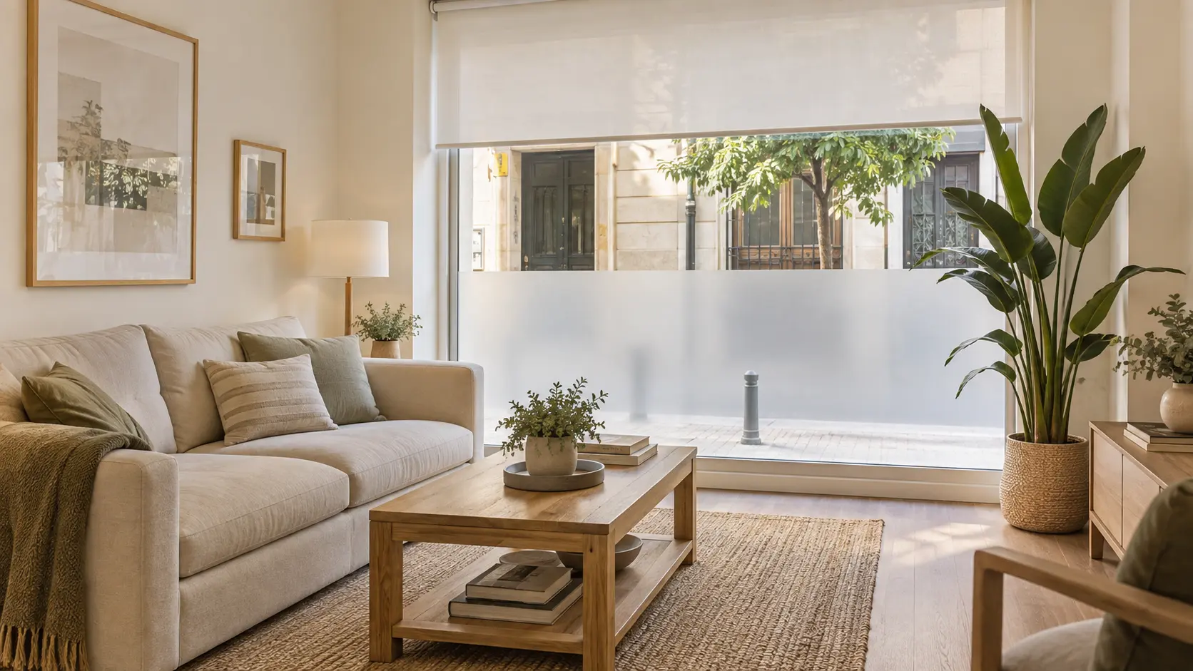 Salón luminoso de un piso bajo con estor y vinilo en la parte baja de la ventana para ganar privacidad