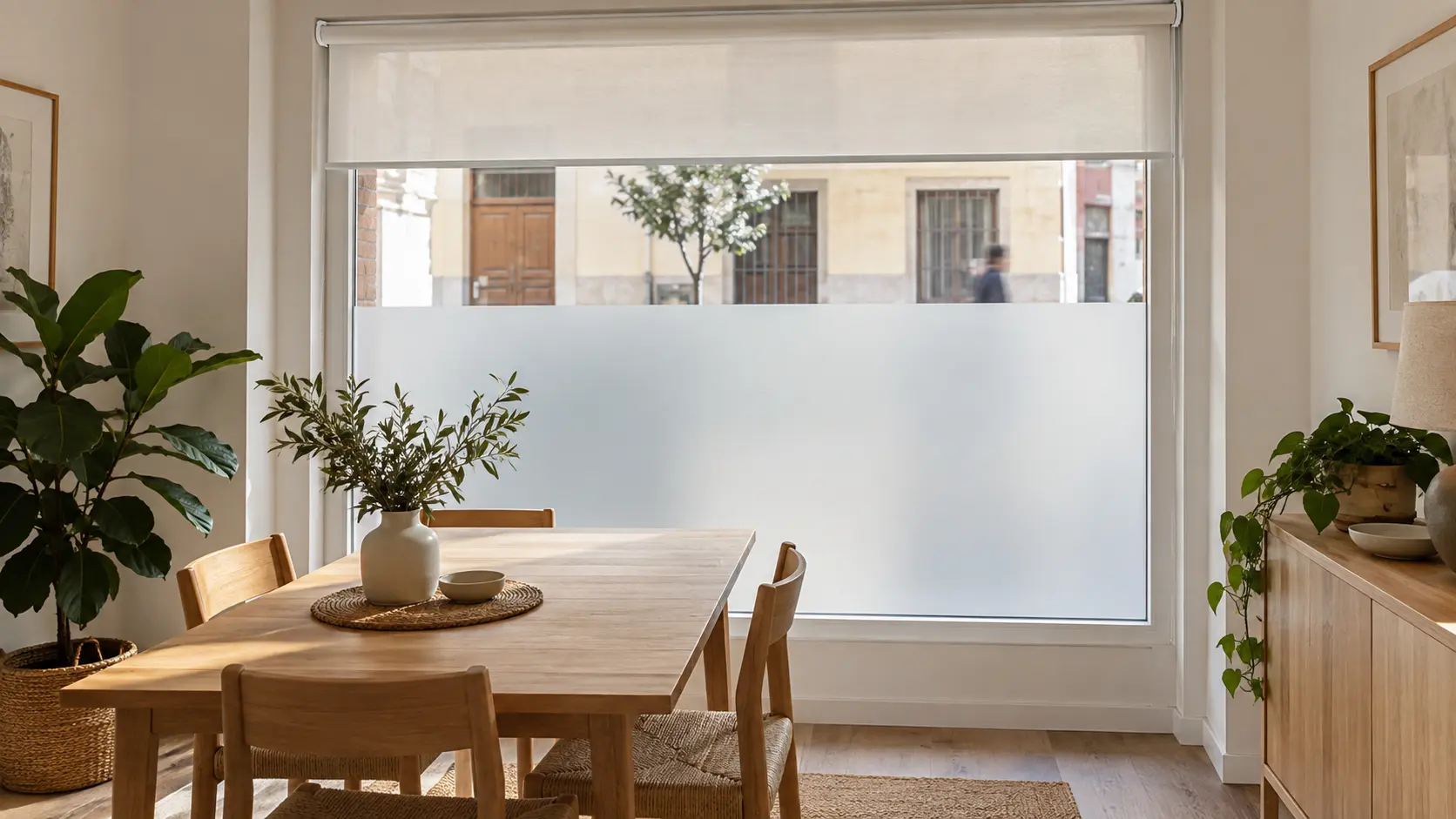 Ventana de piso bajo con vinilo decorativo translúcido combinado con un estor